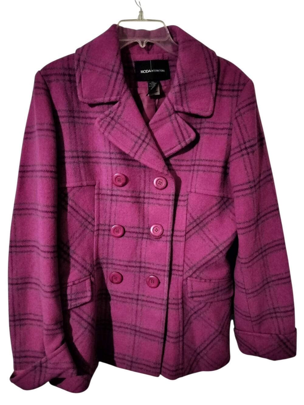 5997)Y2K Moda International Pink Plaid Wool Blend Double Breasted Pea Coat XL